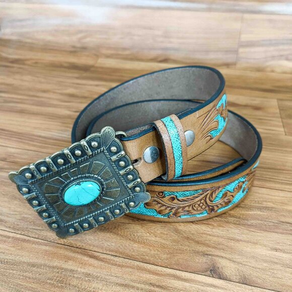 Turquoise Tooled Leather Western Belt: Floral Scrollwork, Antique Brass Buckle - Picture 4 of 12